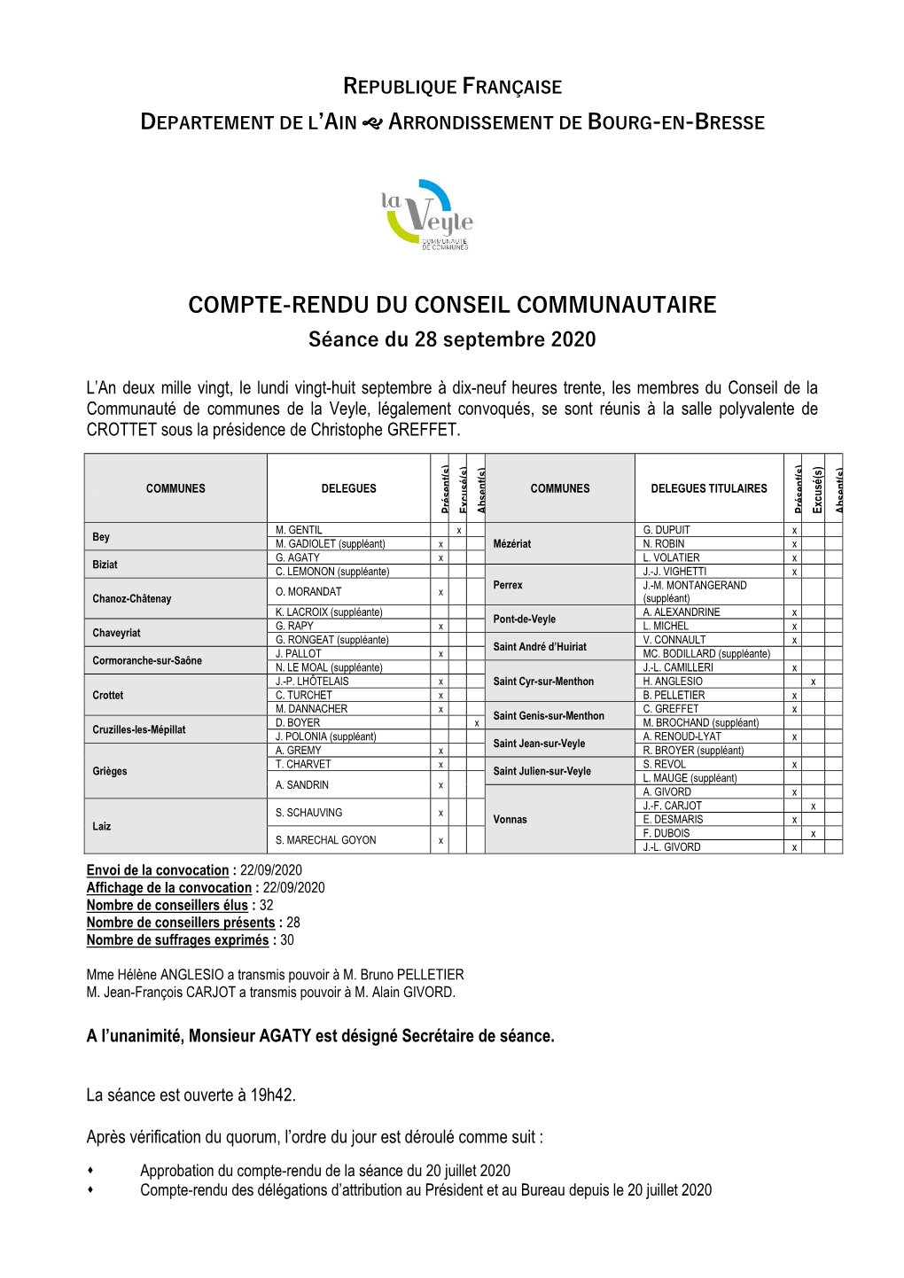 COMPTE-RENDU DU CONSEIL COMMUNAUTAIRE Séance Du 28 Septembre 2020