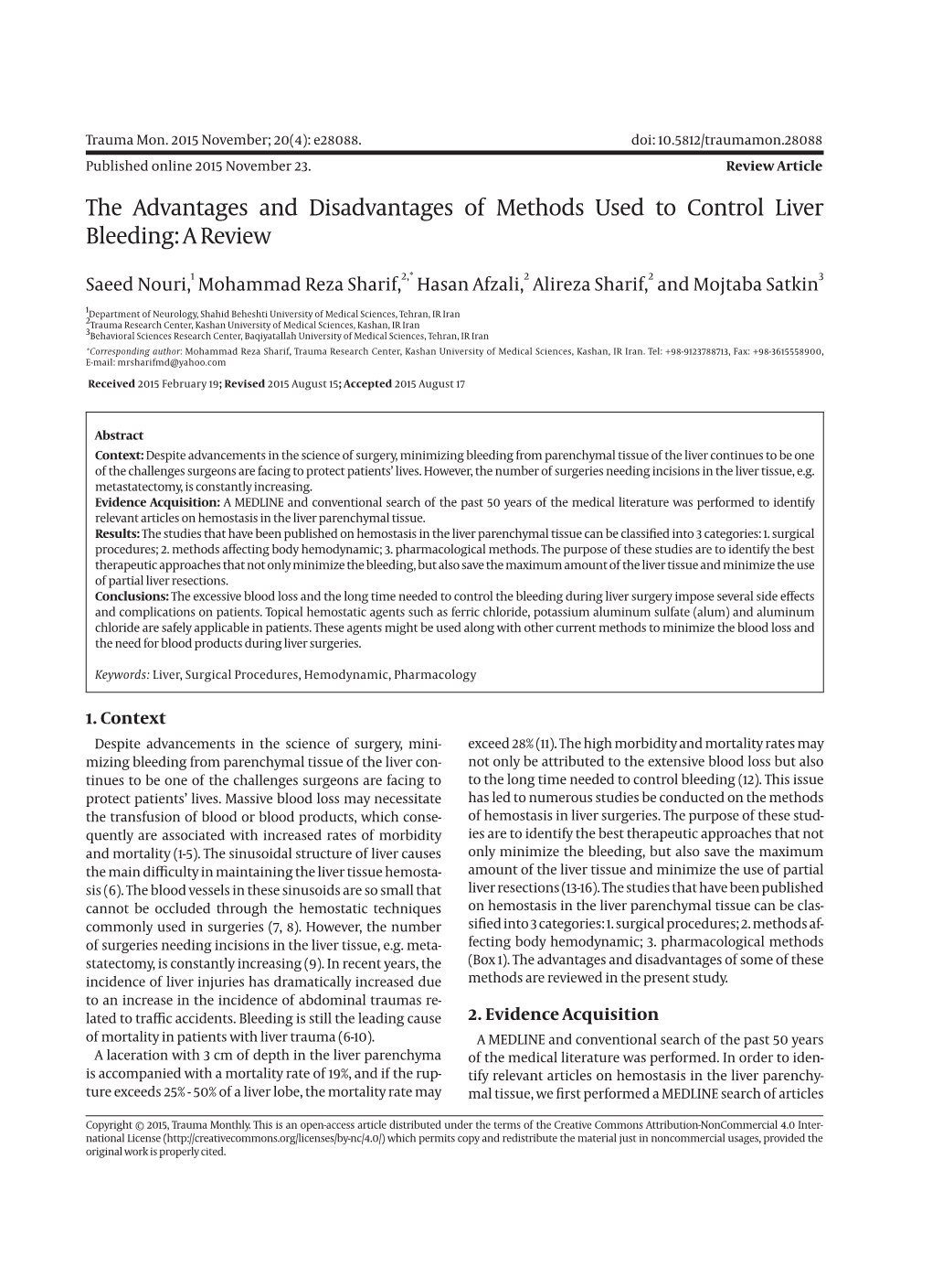 The Advantages and Disadvantages of Methods Used to Control Liver Bleeding: a Review