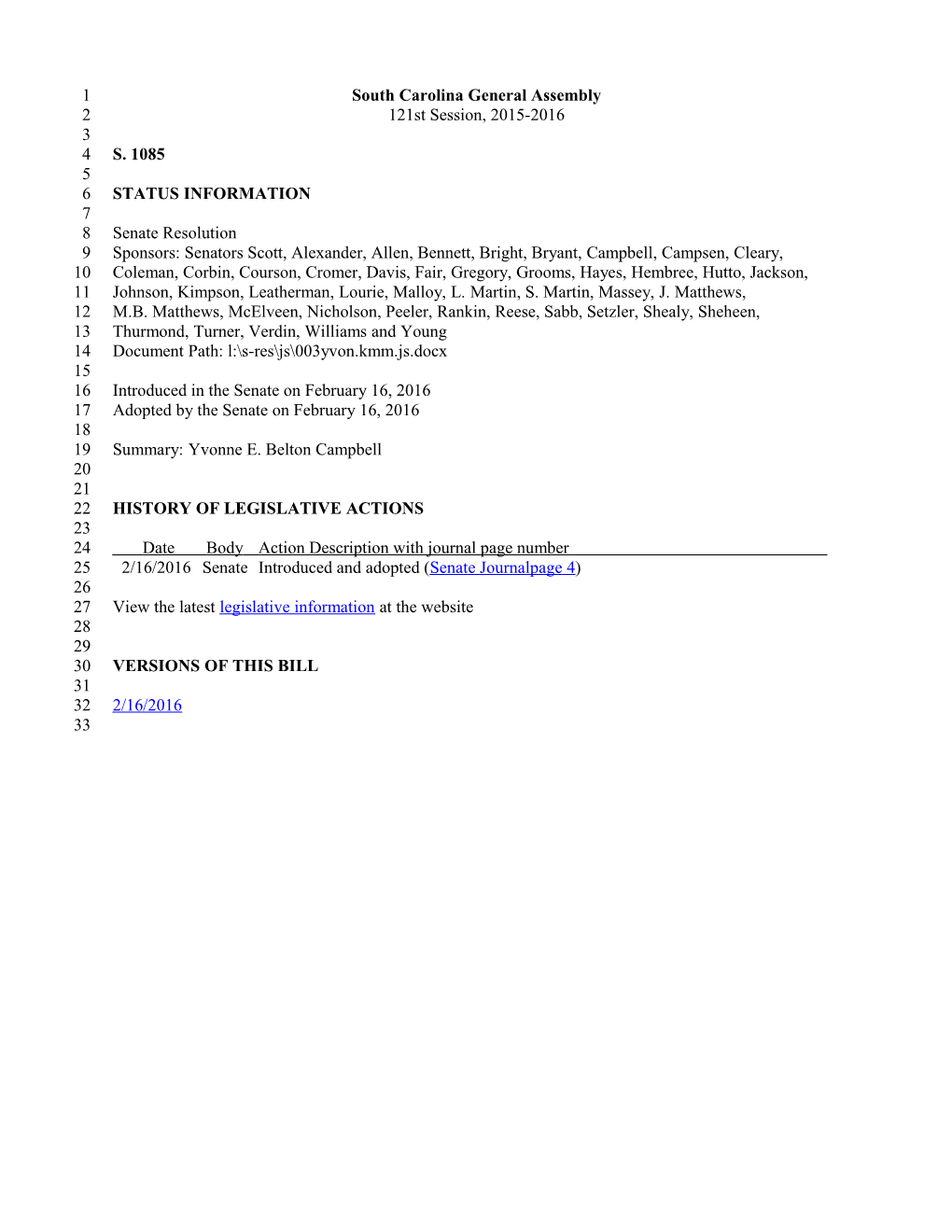 2015-2016 Bill 1085: Yvonne E. Belton Campbell - South Carolina Legislature Online