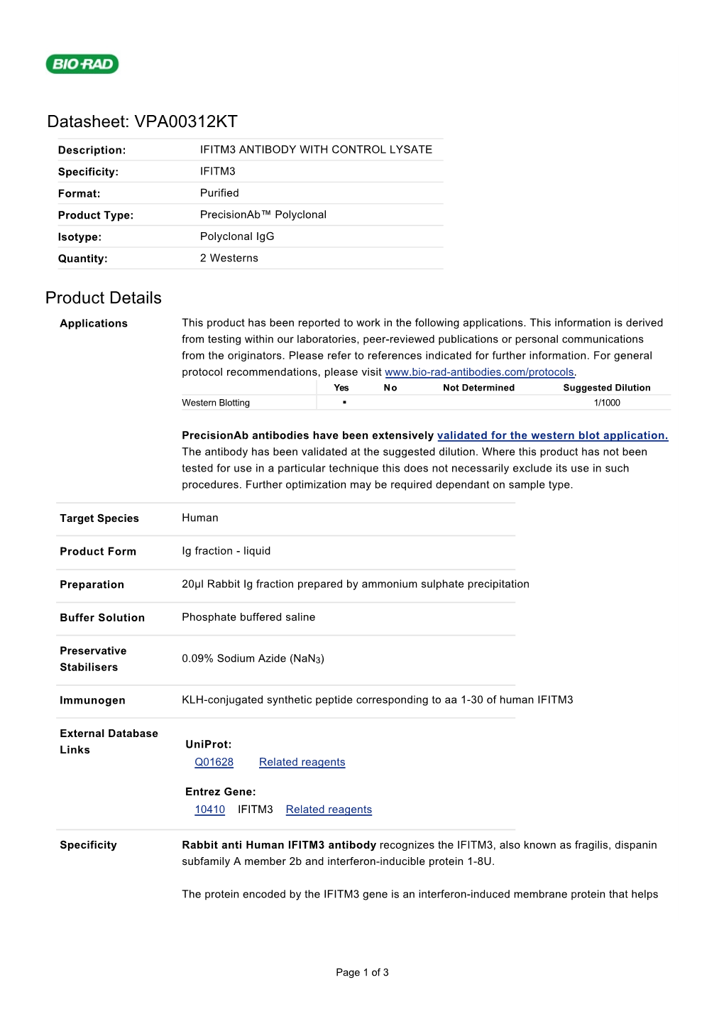 Datasheet: VPA00312KT Product Details