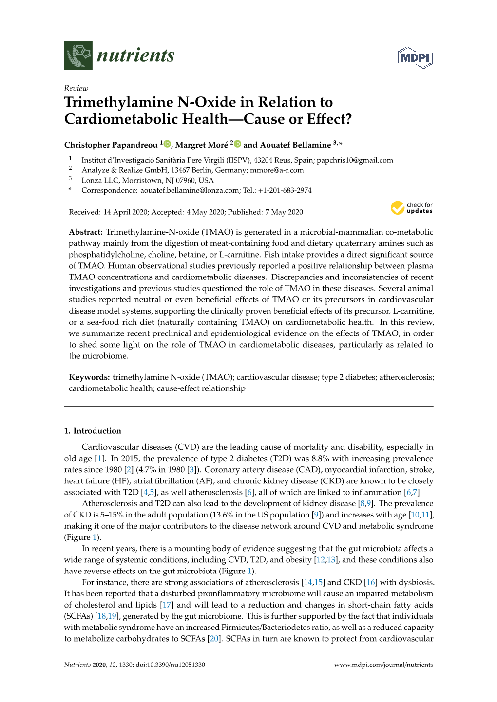 Trimethylamine N-Oxide in Relation to Cardiometabolic Health—Cause Or Eﬀect?