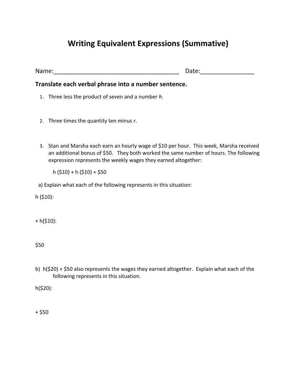 Translate Each Verbal Phrase Into a Number Sentence