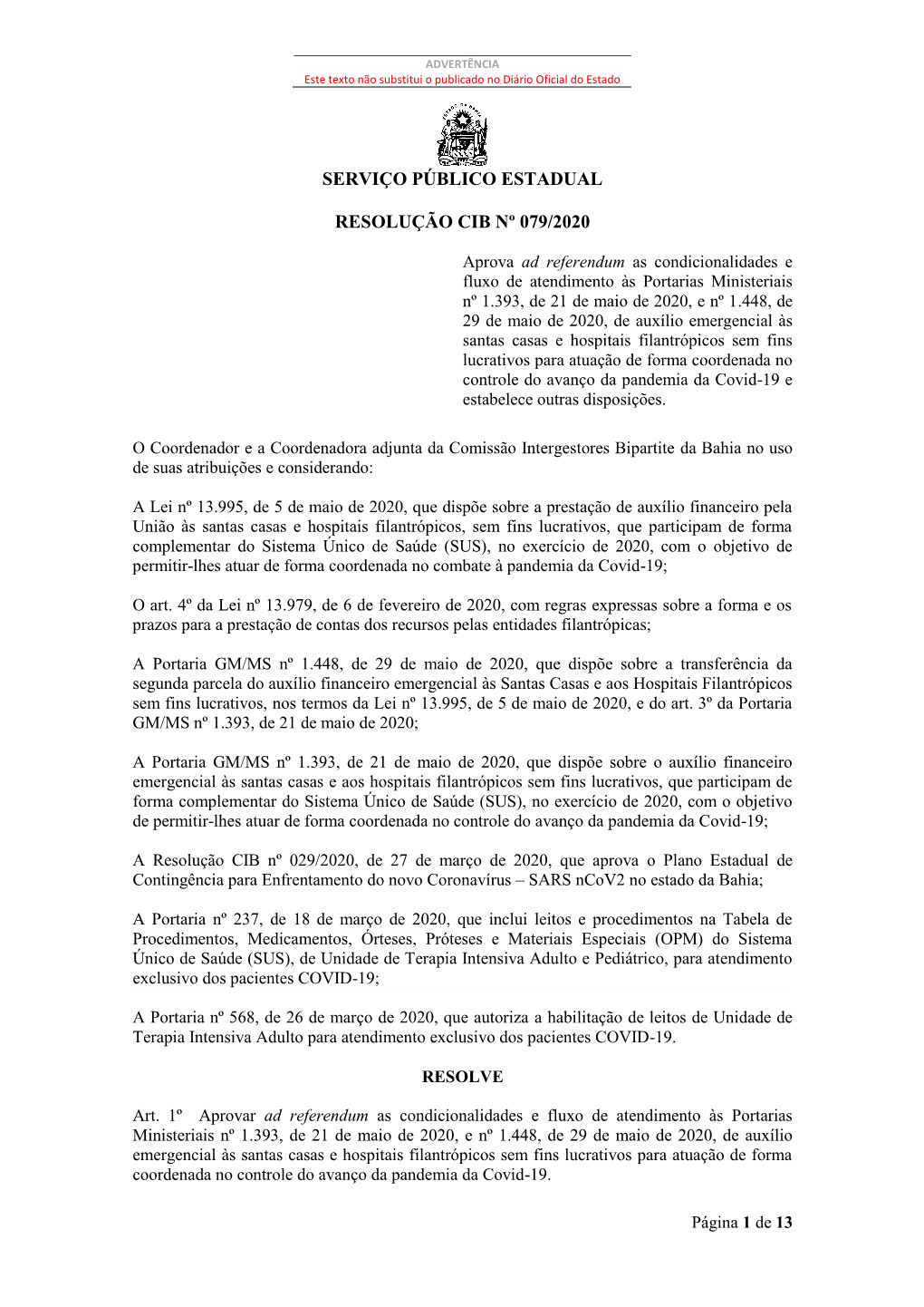 Serviço Público Estadual Resolução Cib Nº 079/2020