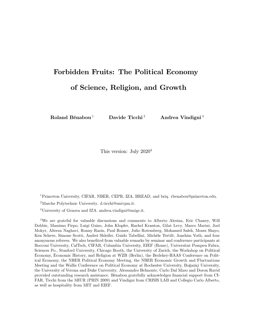 Forbidden Fruits: the Political Economy of Science, Religion, And