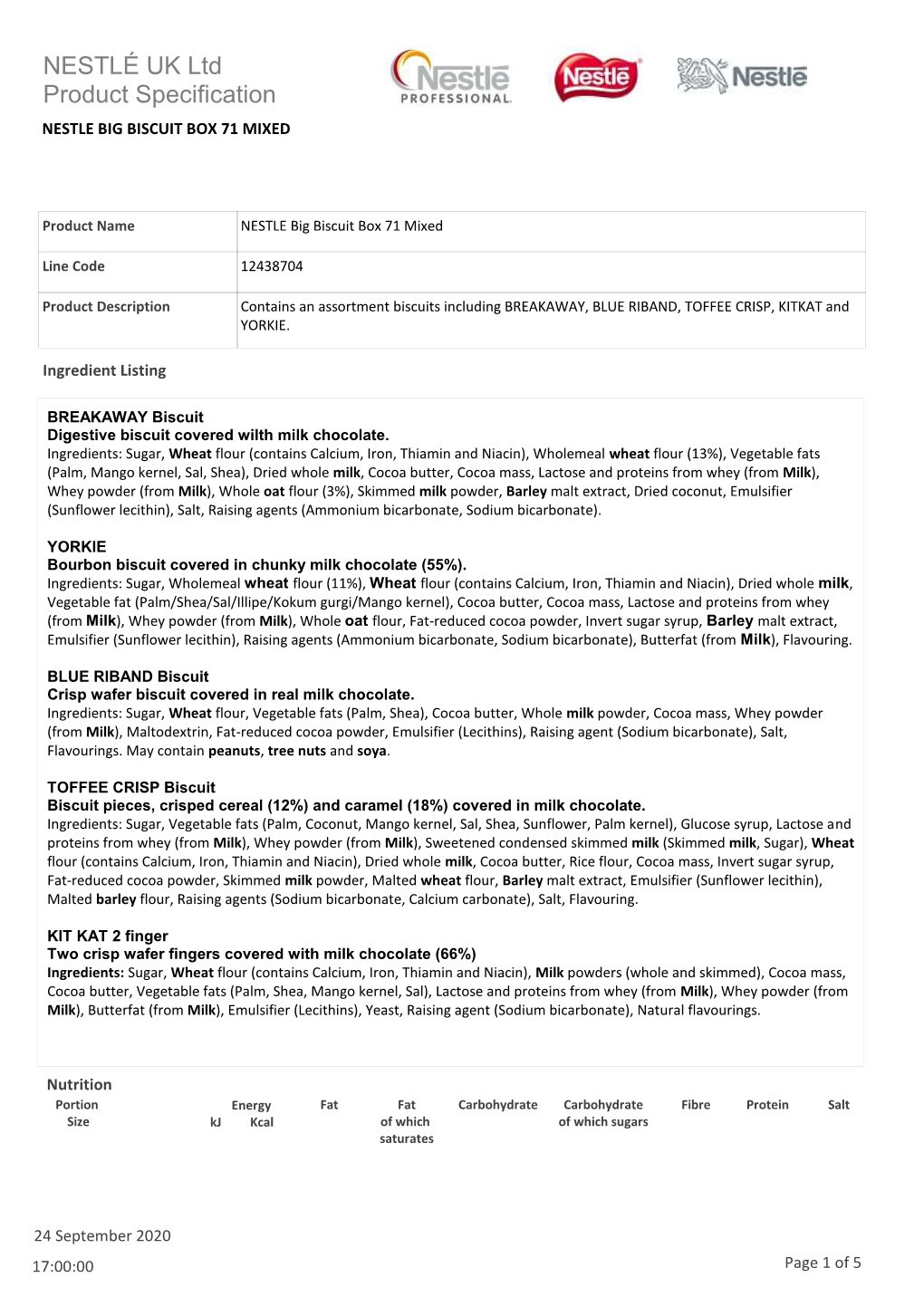 NESTLÉ UK Ltd Product Specification NESTLE BIG BISCUIT BOX 71 MIXED