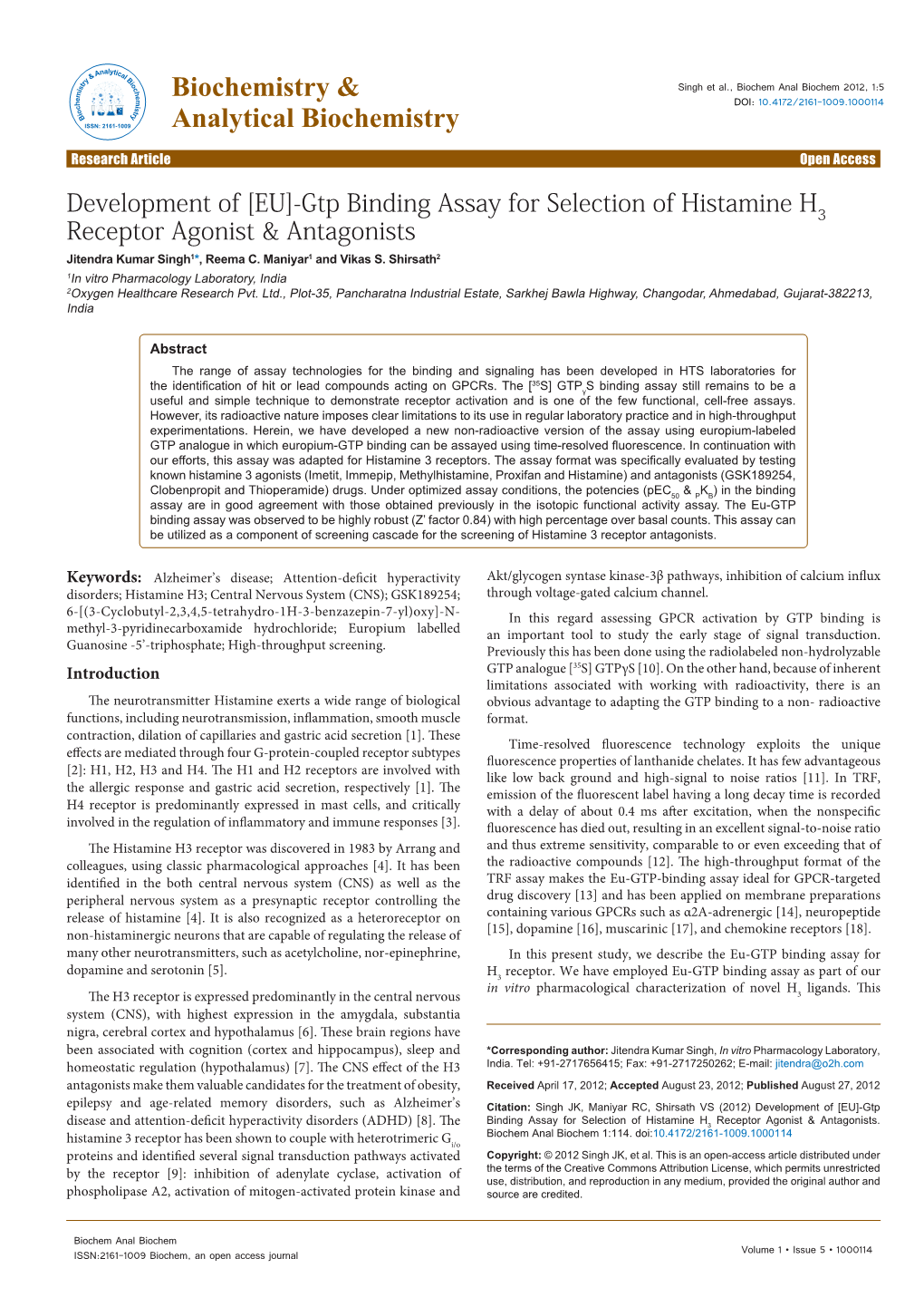 Gtp Binding Assay for Selection of Histamine H3 Receptor Agonist & Antagonists Jitendra Kumar Singh1*, Reema C