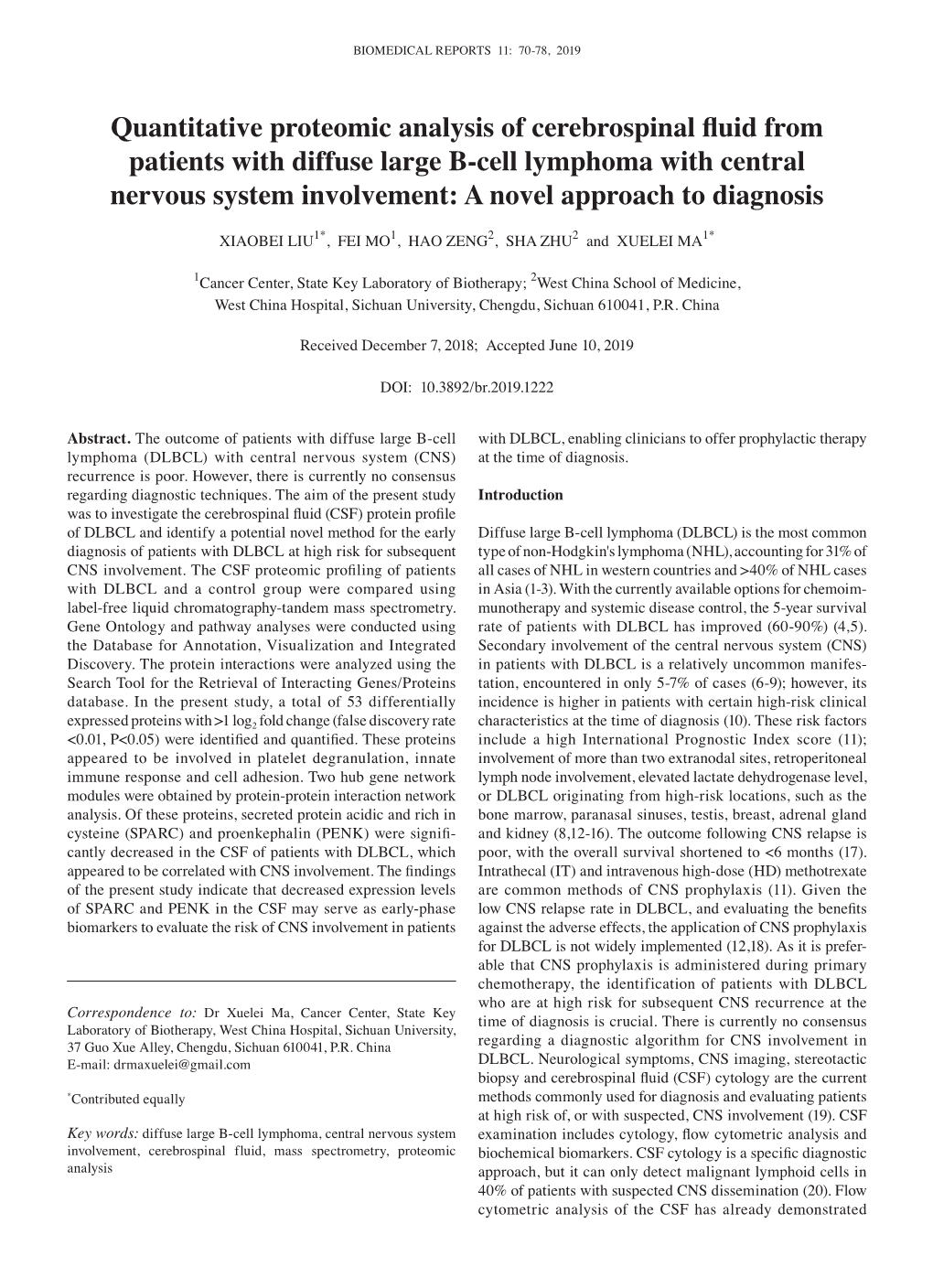 Quantitative Proteomic Analysis of Cerebrospinal Fluid from Patients