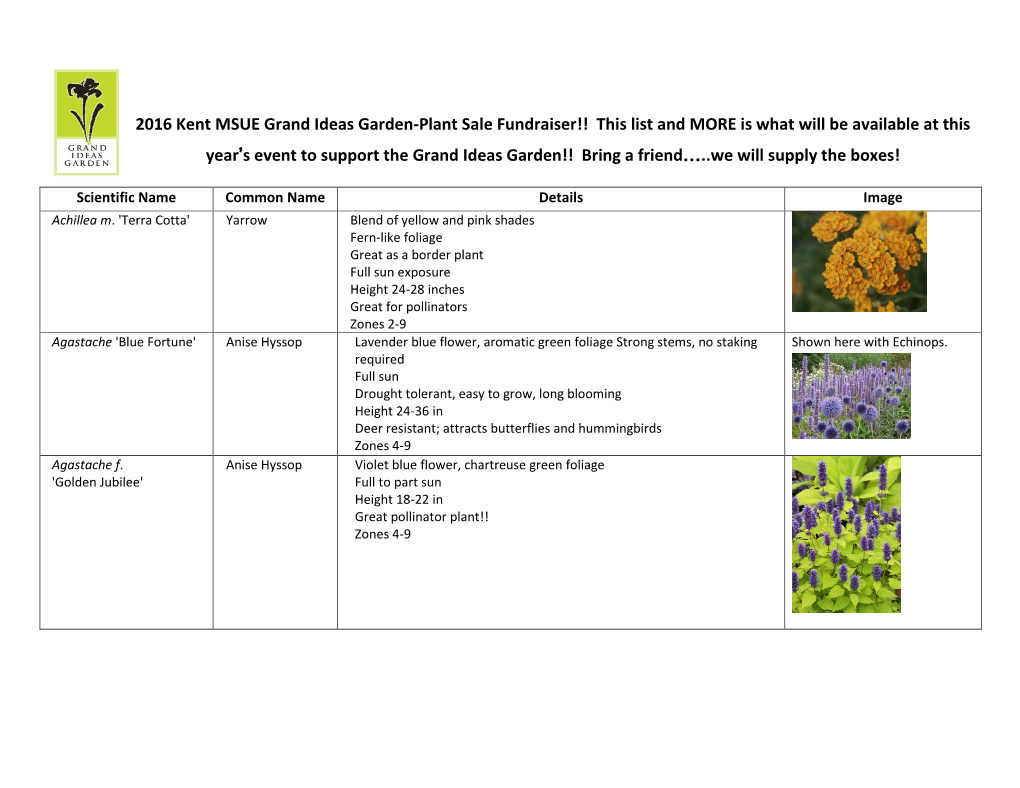 2016 Kent MSUE Grand Ideas Garden-Plant Sale Fundraiser!! This List and MORE Is What Will Be Available at This