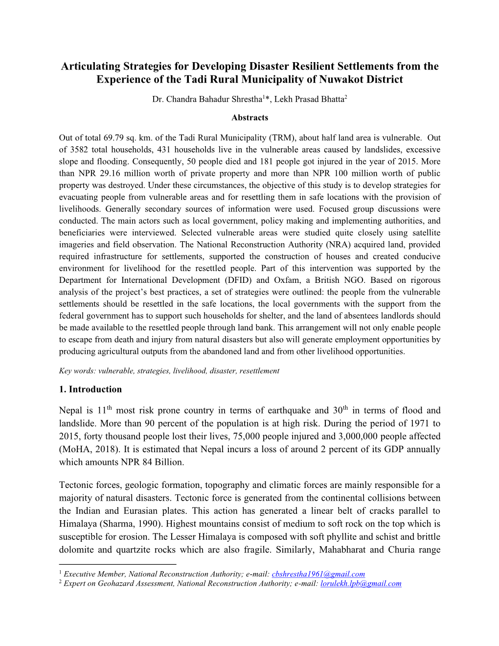 Articulating Strategies for Developing Disaster Resilient Settlements from the Experience of the Tadi Rural Municipality of Nuwakot District