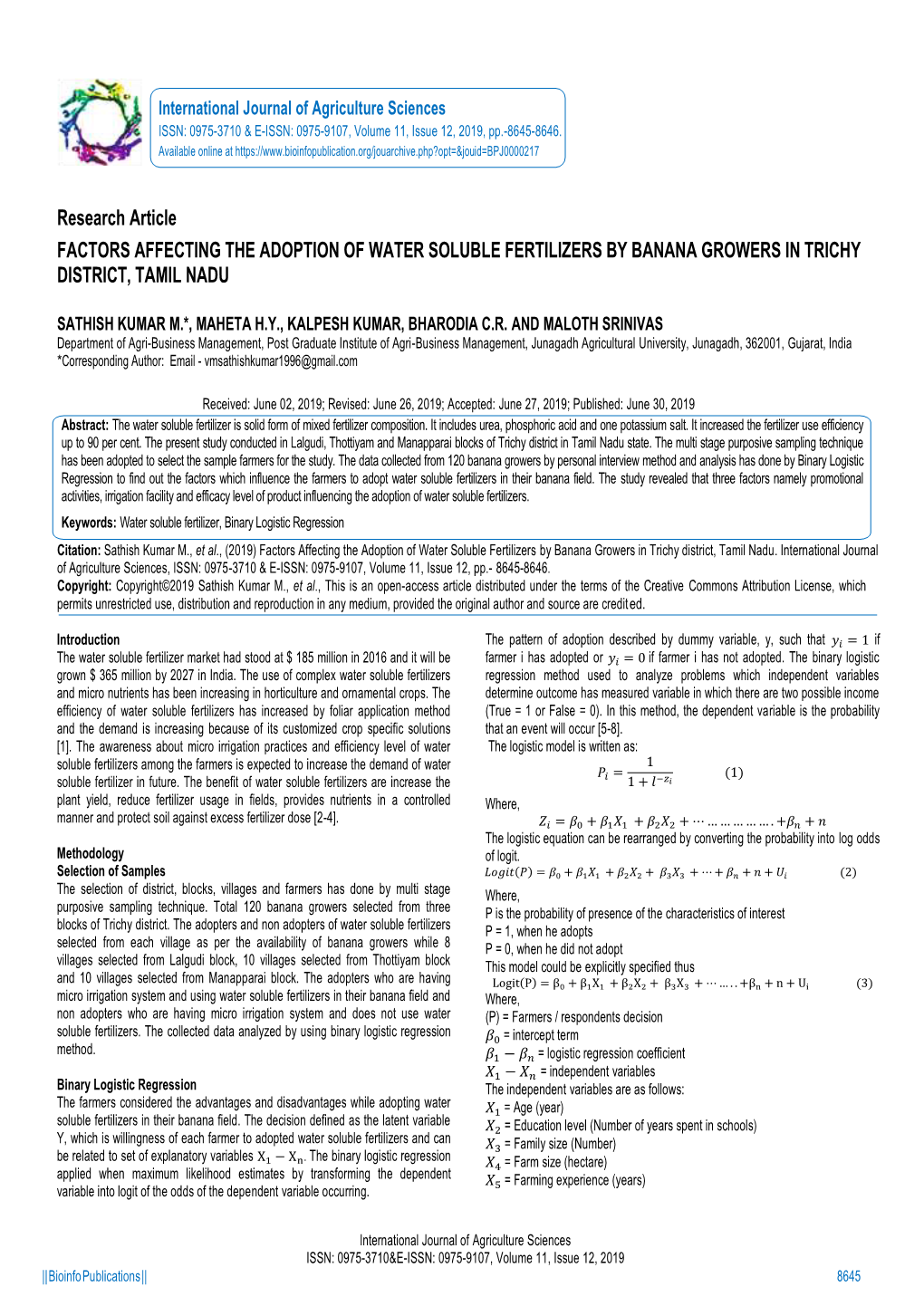 Research Article FACTORS AFFECTING the ADOPTION of WATER SOLUBLE FERTILIZERS by BANANA GROWERS in TRICHY DISTRICT, TAMIL NADU