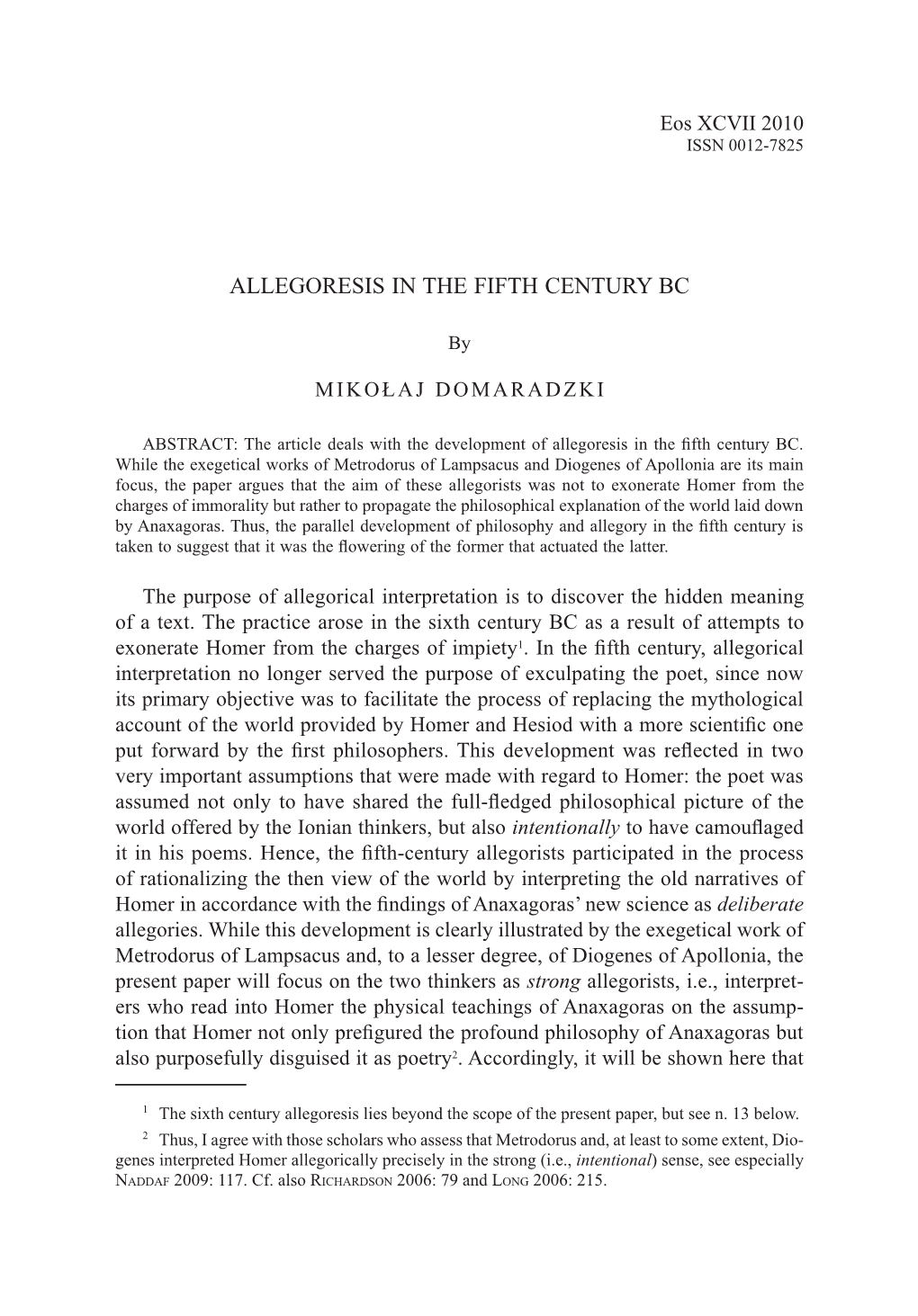 Allegoresis in the Fifth Century Bc