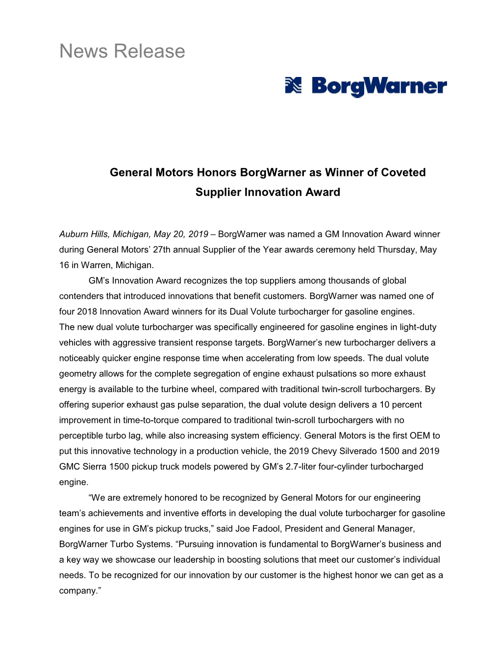 General Motors Honors Borgwarner As Winner of Coveted Supplier