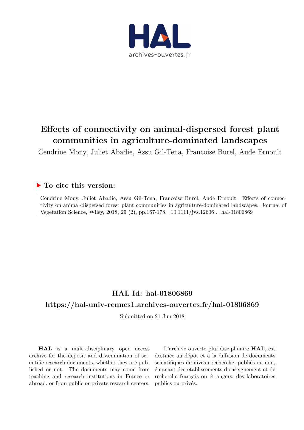 Effects of Connectivity on Animal-Dispersed Forest Plant