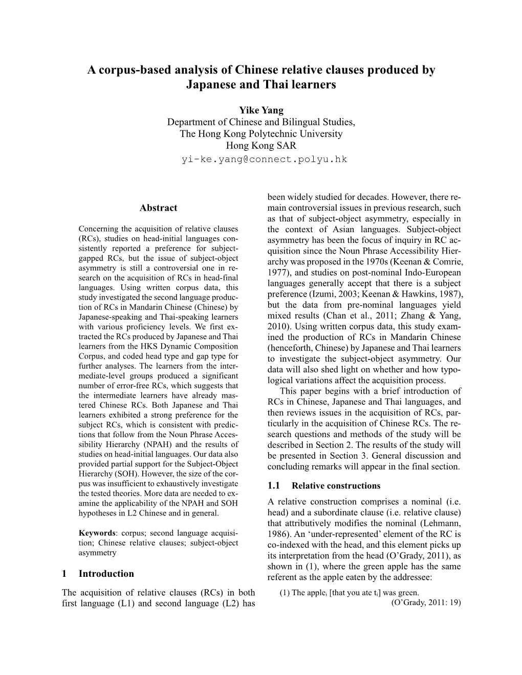 A Corpus-Based Analysis of Chinese Relative Clauses Produced by Japanese and Thai Learners