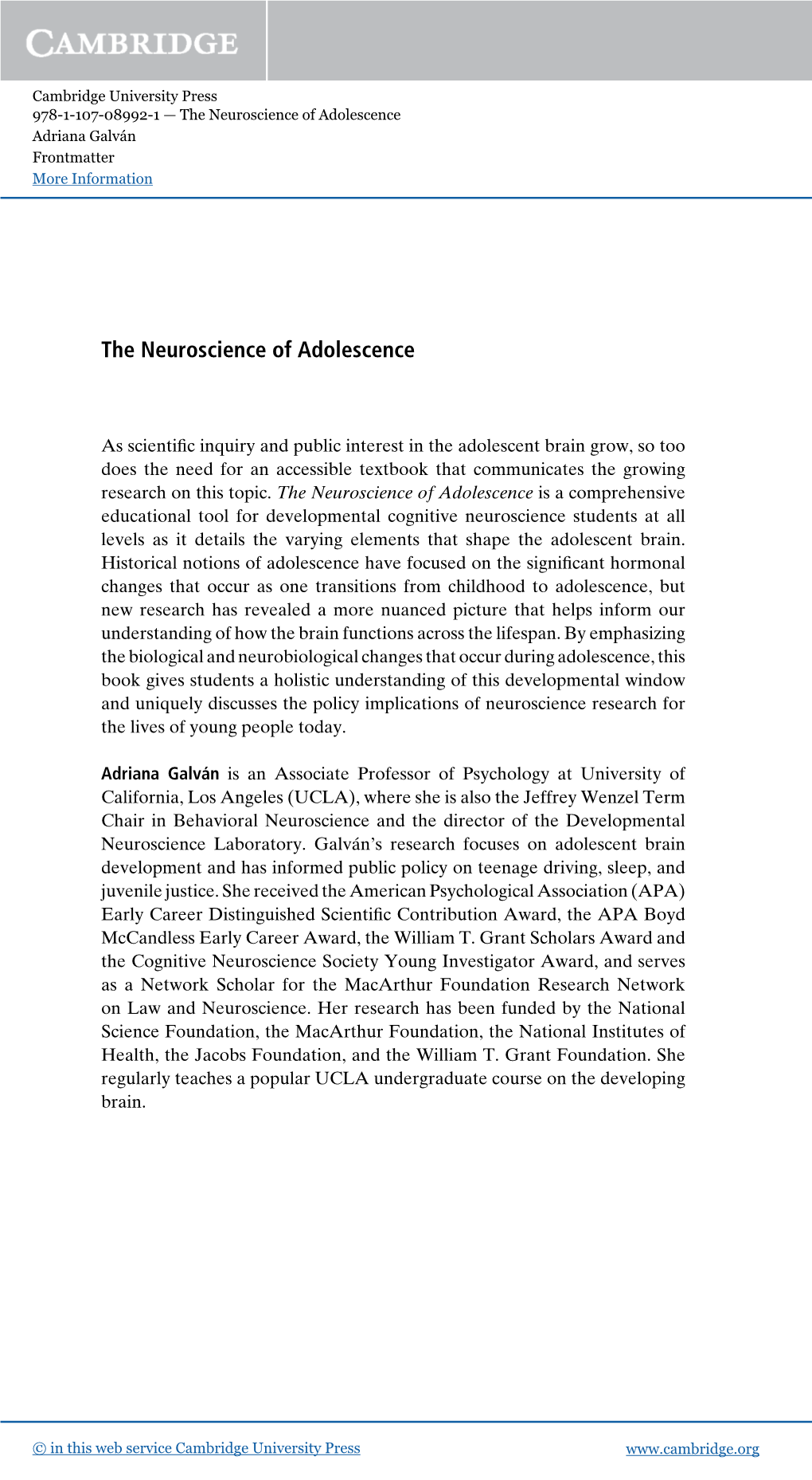 The Neuroscience of Adolescence Adriana Galván Frontmatter More Information