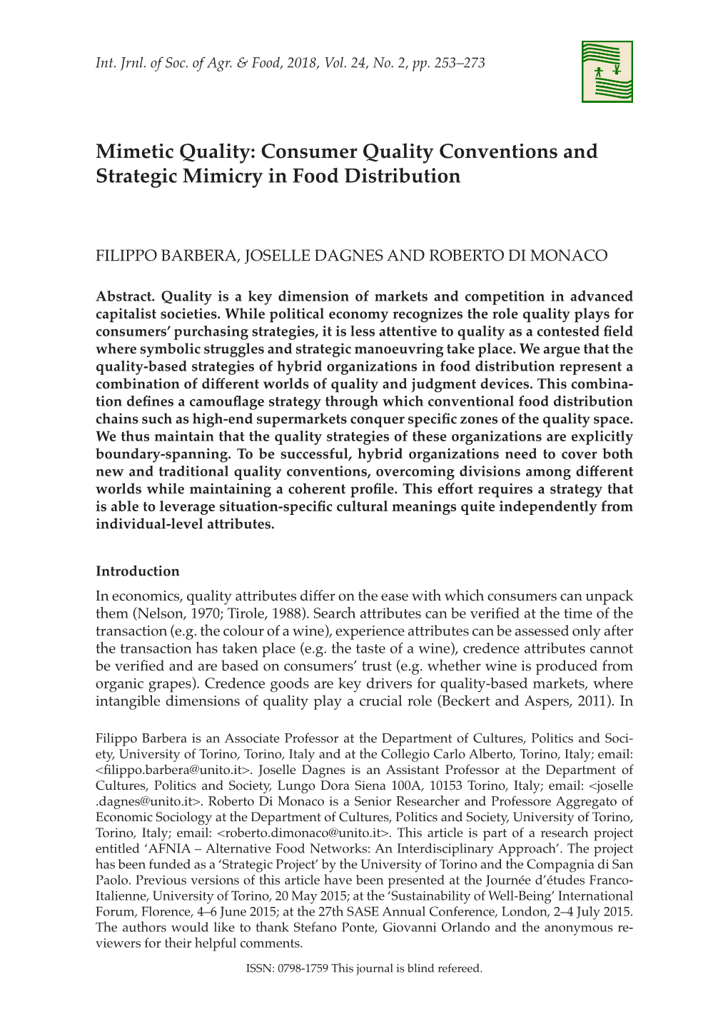 Consumer Quality Conventions and Strategic Mimicry in Food Distribution