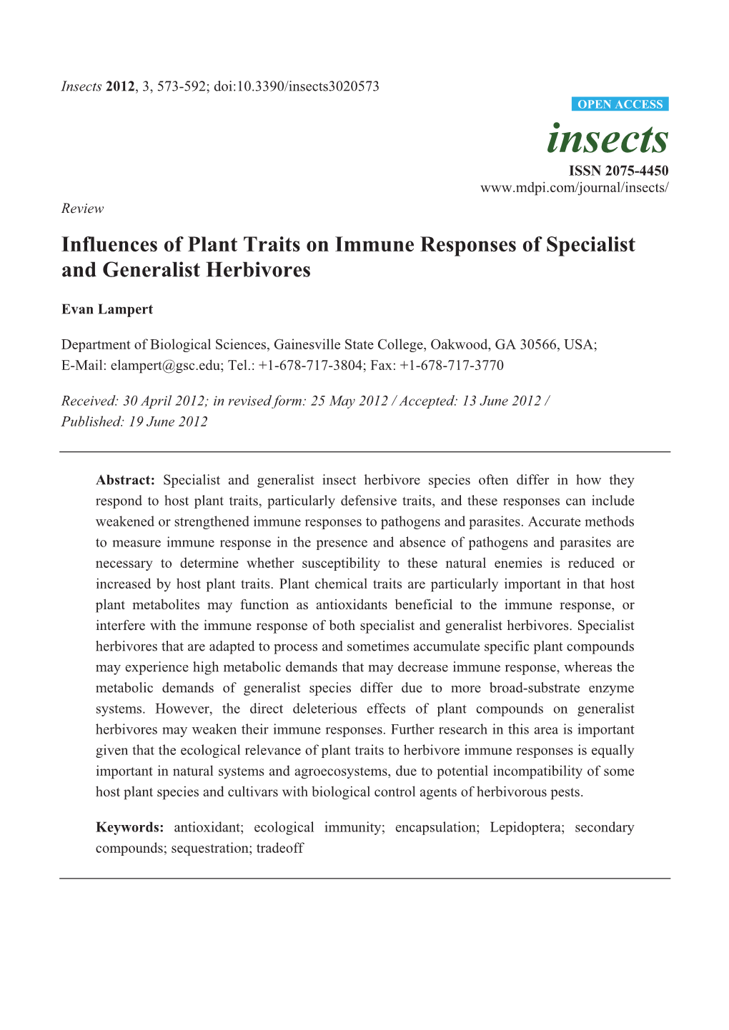 Influences of Plant Traits on Immune Responses of Specialist and Generalist Herbivores