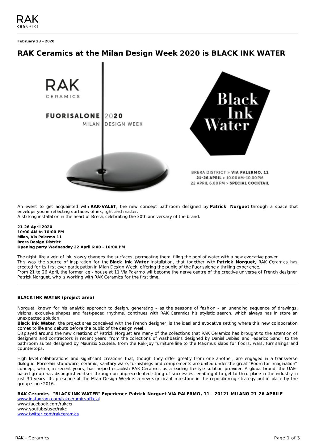 RAK Ceramics at the Milan Design Week 2020 Is BLACK INK WATER