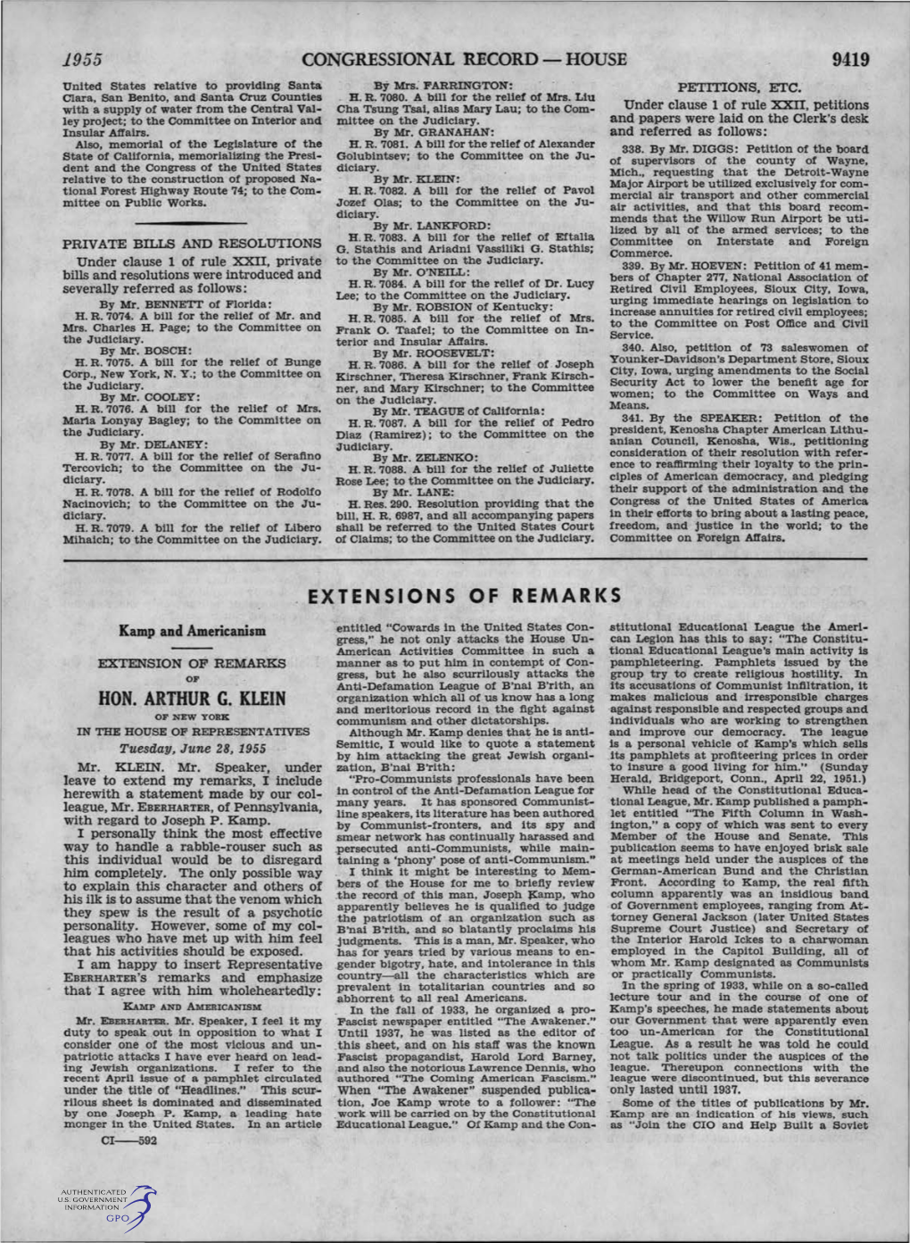 HON. ARTHUR G. KLEIN and Meritorious Record in the Fight Against ·Against Responsible and Respected Groups and of NEW YORK Communism and Other Dictatorships