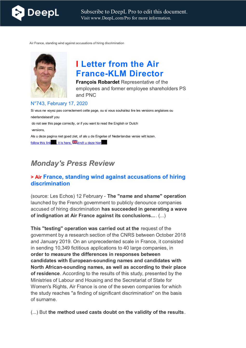 I Letter from the Air France-KLM Director