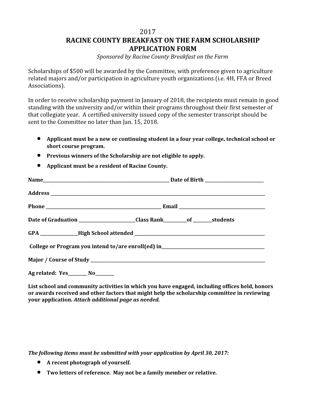 Racine County Breakfast on the Farm Scholarship Application Form