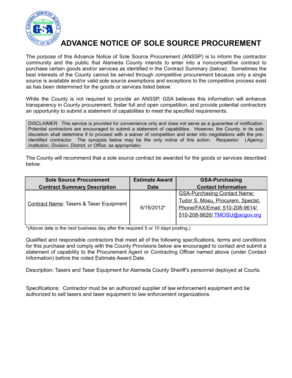 Advance Notice of Sole Source Procurement s10