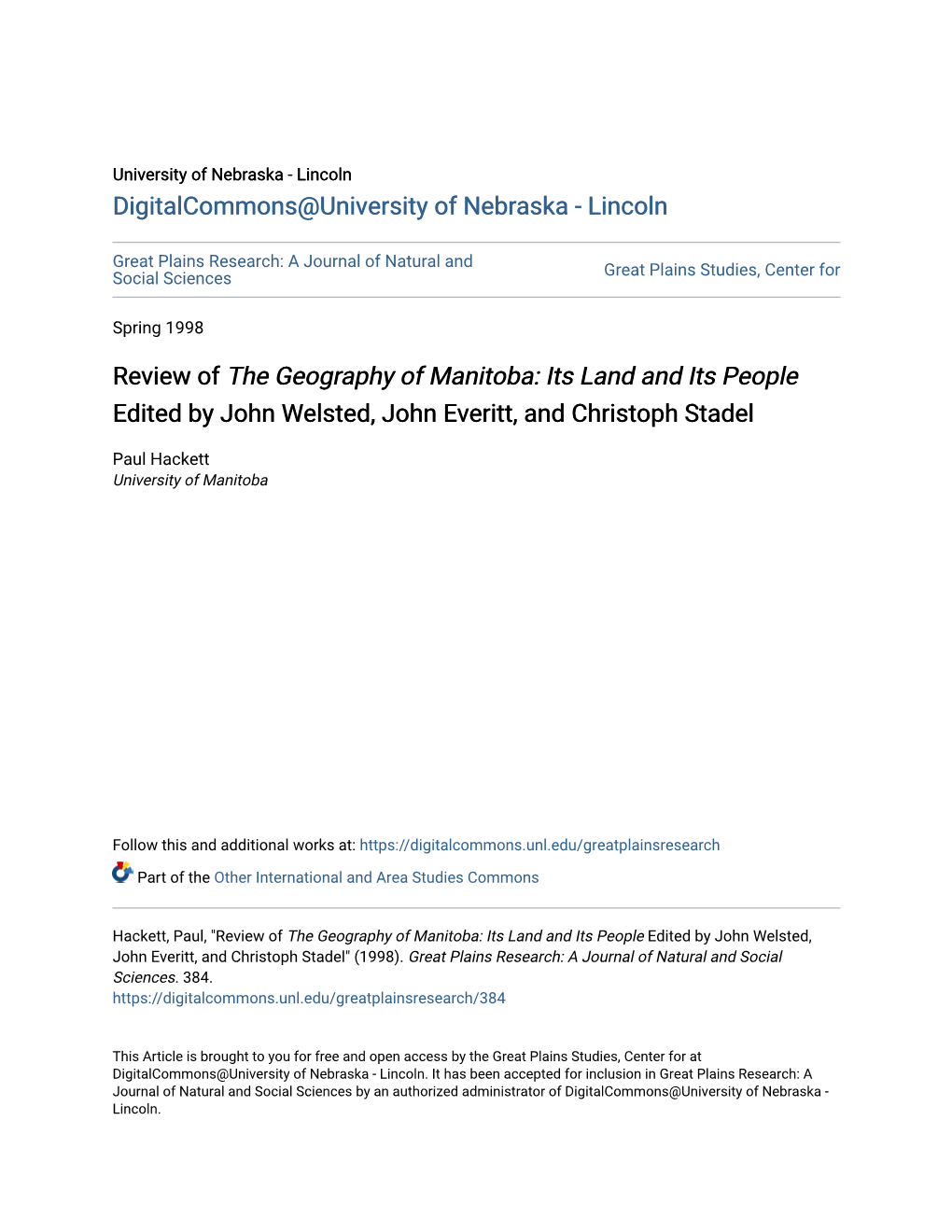 Review of the Geography of Manitoba: Its Land and Its People Edited by John Welsted, John Everitt, and Christoph Stadel