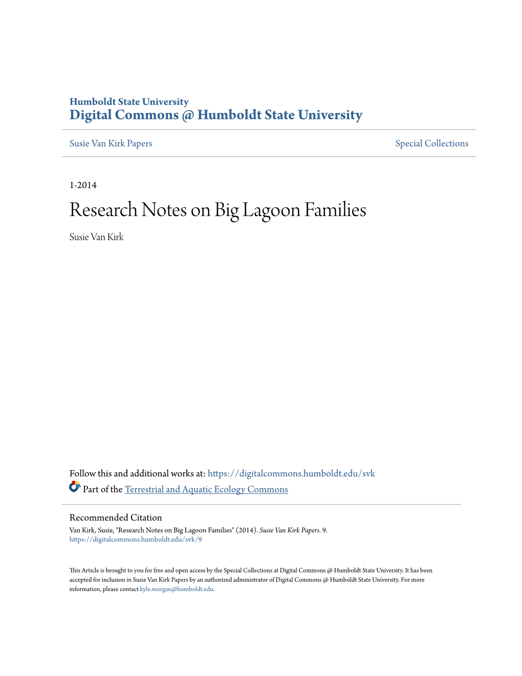Research Notes on Big Lagoon Families Susie Van Kirk
