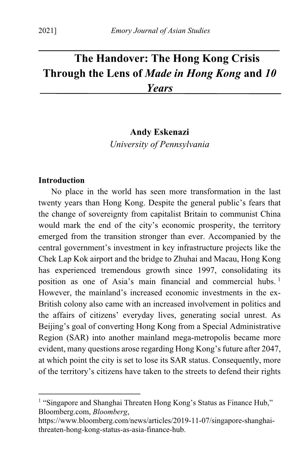 The Hong Kong Crisis Through the Lens of Made in Hong Kong and 10 Years
