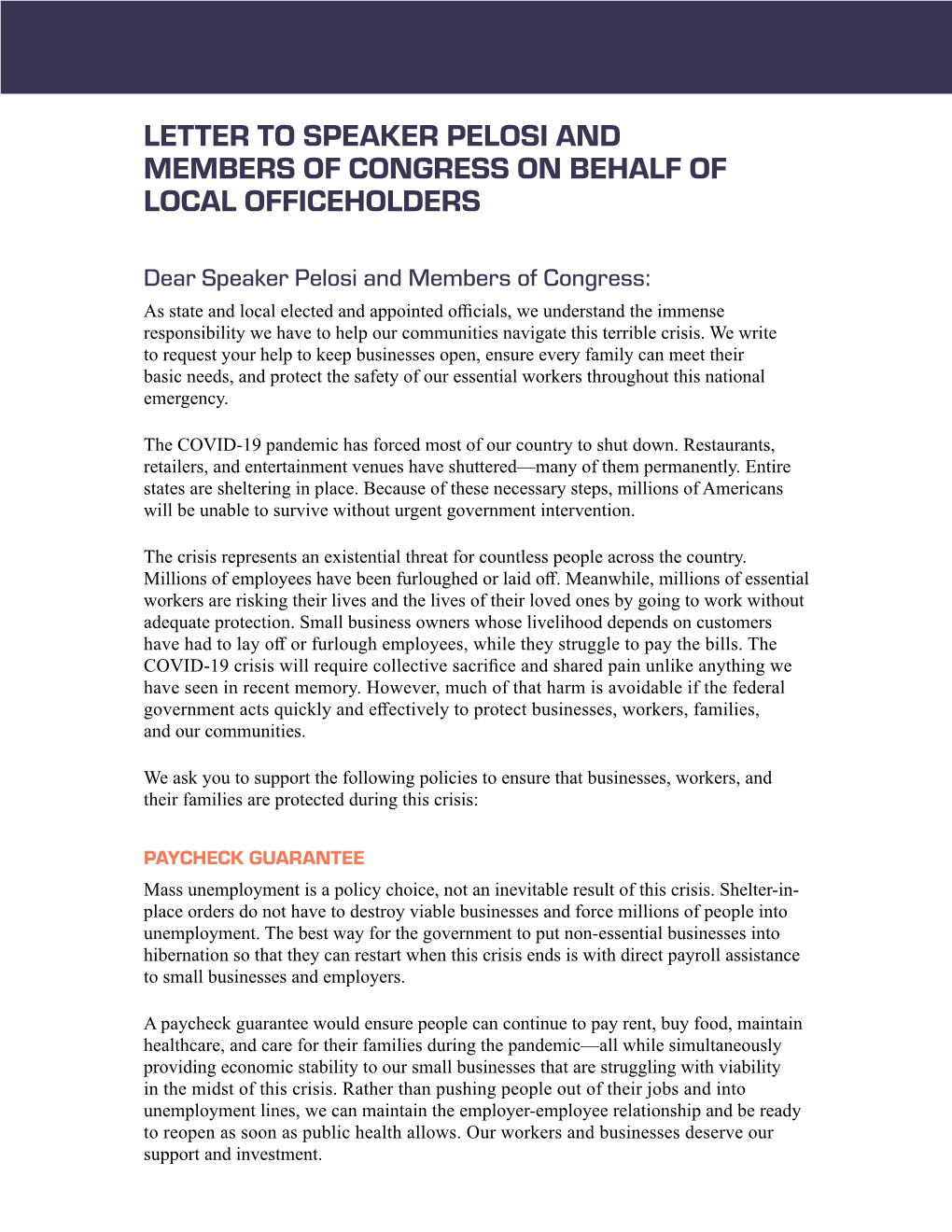 Letter to Speaker Pelosi and Members of Congress on Behalf of Local Officeholders