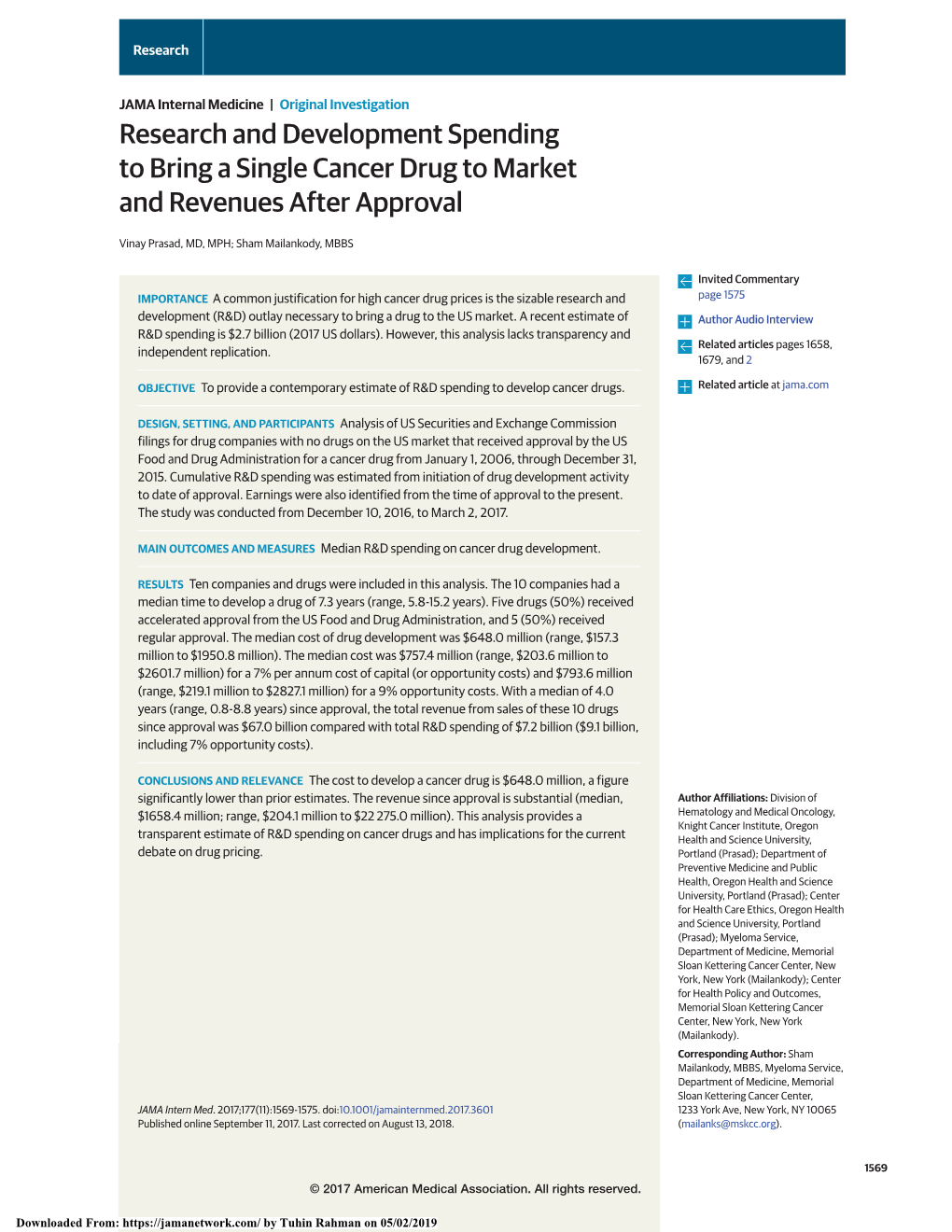 Research and Development Spending to Bring a Single Cancer Drug to Market and Revenues After Approval
