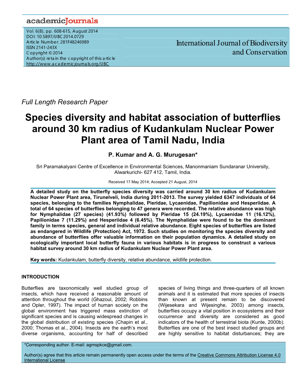 Species Diversity and Habitat Association of Butterflies Around 30 Km Radius of Kudankulam Nuclear Power Plant Area of Tamil Nadu, India