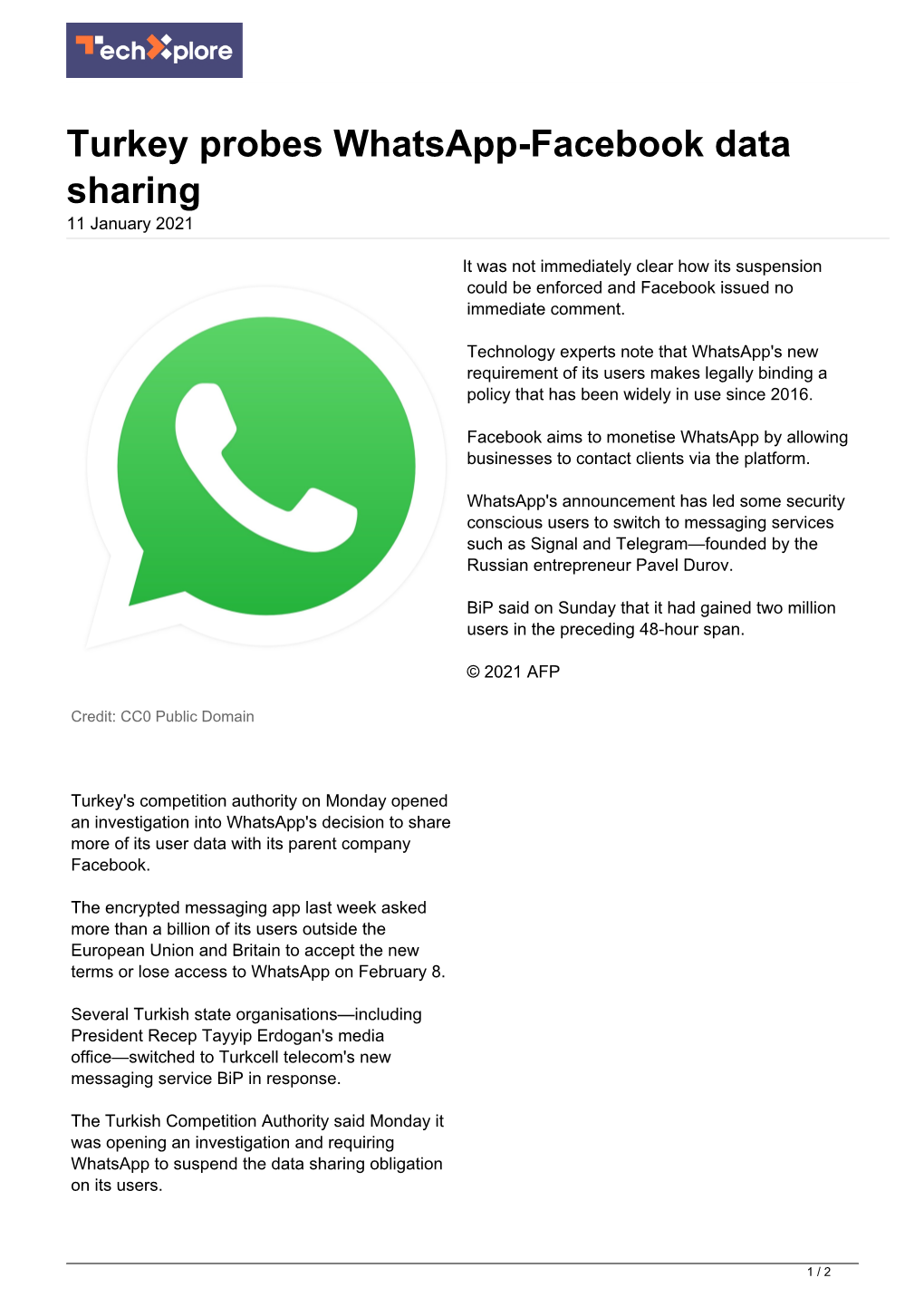 Turkey Probes Whatsapp-Facebook Data Sharing 11 January 2021