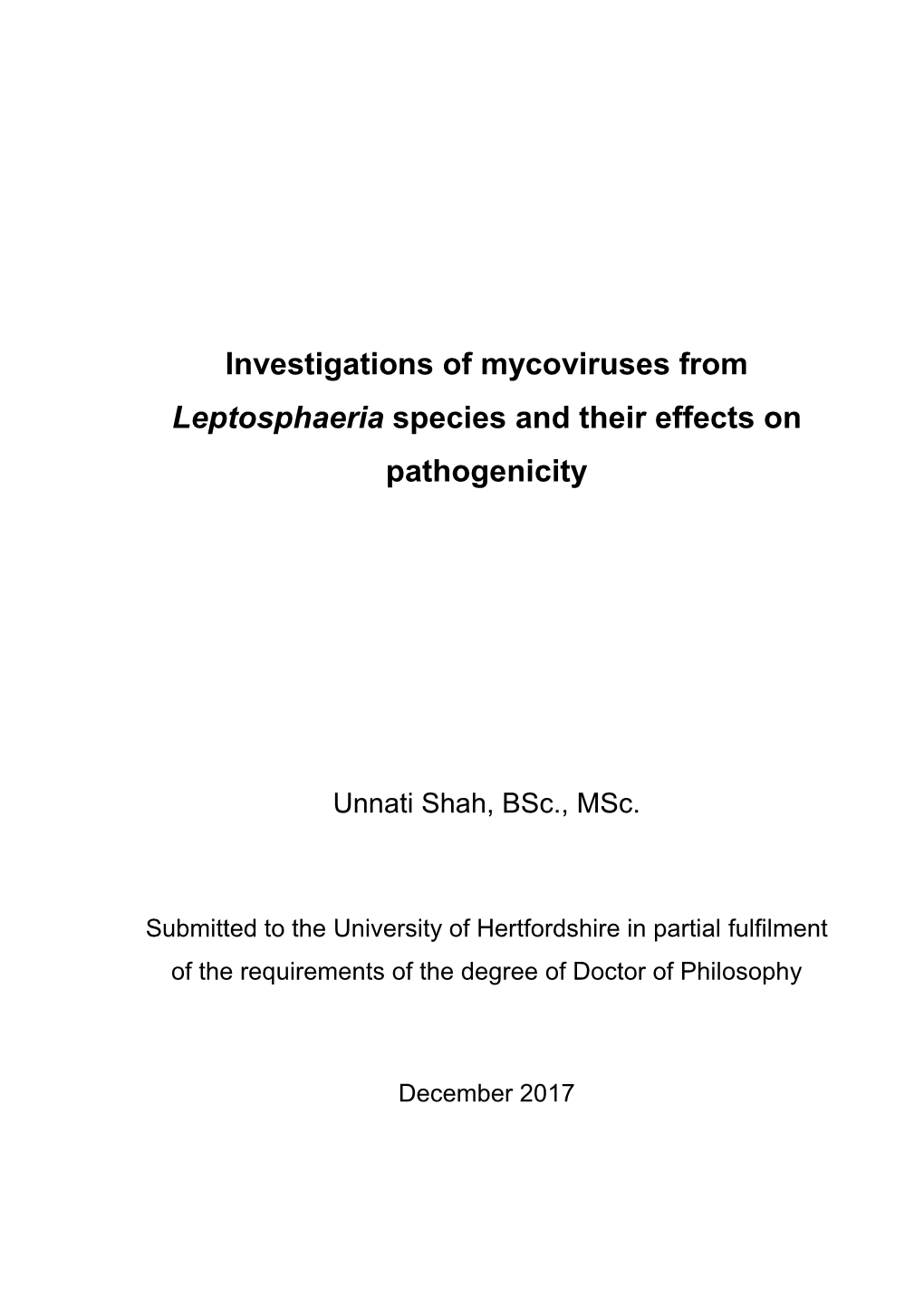 Investigations of Mycoviruses from Leptosphaeria Species and Their Effects on Pathogenicity