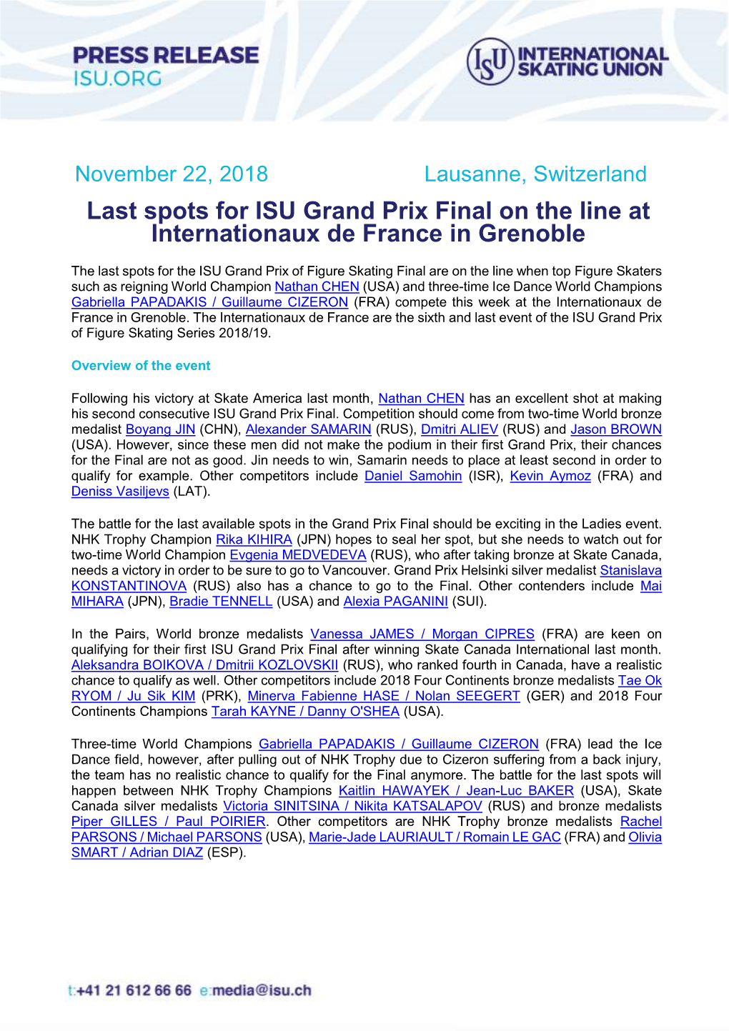 Last Spots for ISU Grand Prix Final on the Line at Internationaux De France in Grenoble