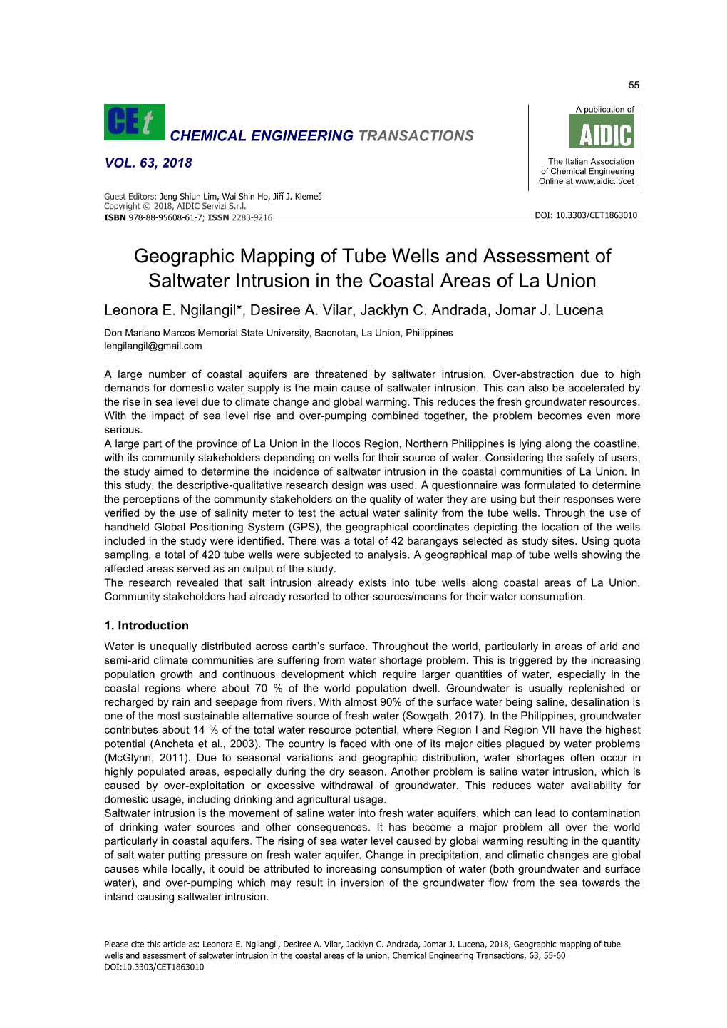 Geographic Mapping of Tube Wells and Assessment of Saltwater Intrusion in the Coastal Areas of La Union