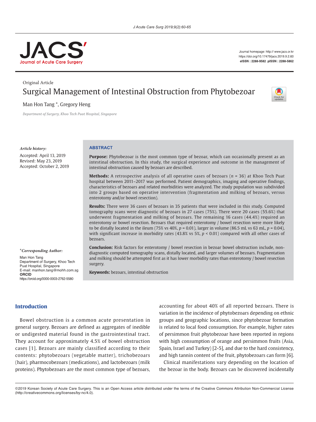 Surgical Management of Intestinal Obstruction from Phytobezoar