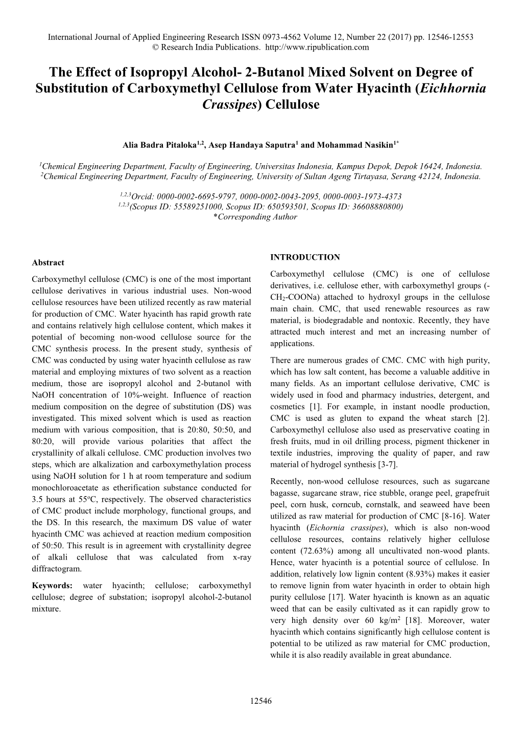 The Effect of Isopropyl Alcohol- 2-Butanol Mixed Solvent on Degree of Substitution of Carboxymethyl Cellulose from Water Hyacinth (Eichhornia Crassipes) Cellulose