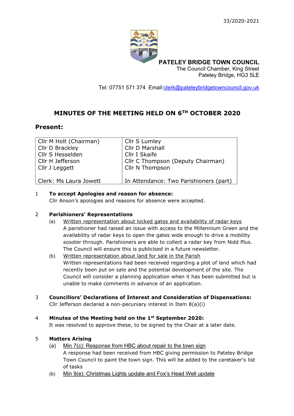 Pateley Bridge Town Council Minutes of the Meeting Held