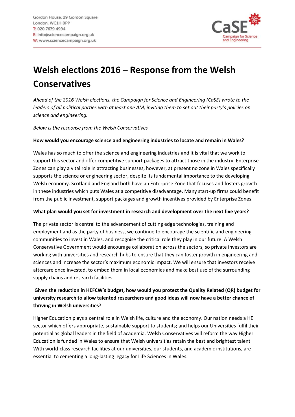Response from the Welsh Conservatives