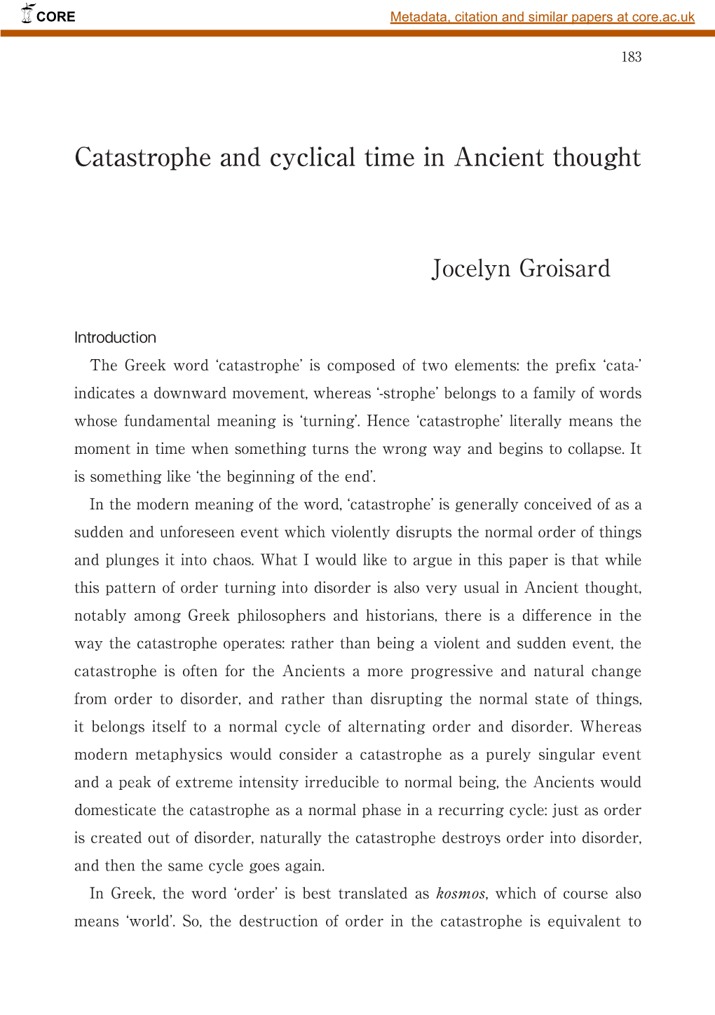 Catastrophe and Cyclical Time in Ancient Thought