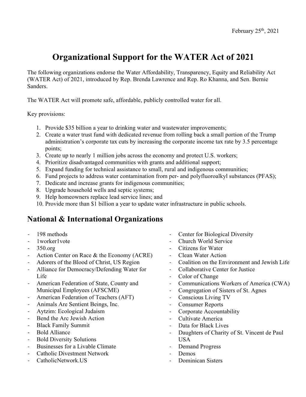 Organizational Support for the WATER Act of 2021