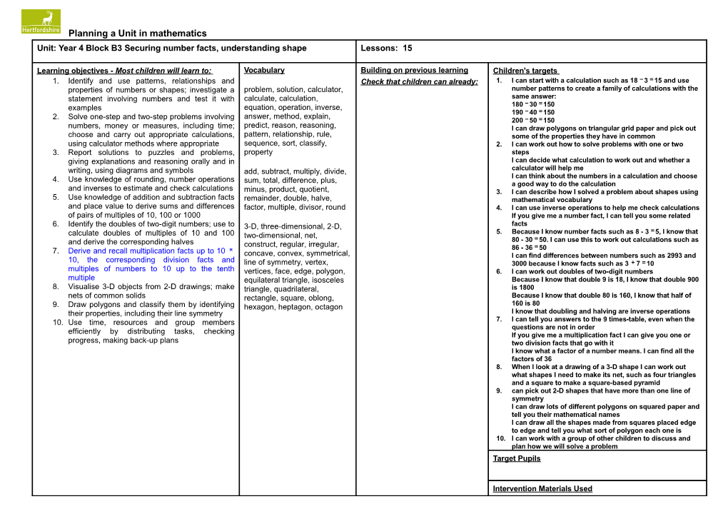 Unit: Year 4 Block B3 Securing Number Facts, Understanding Shape