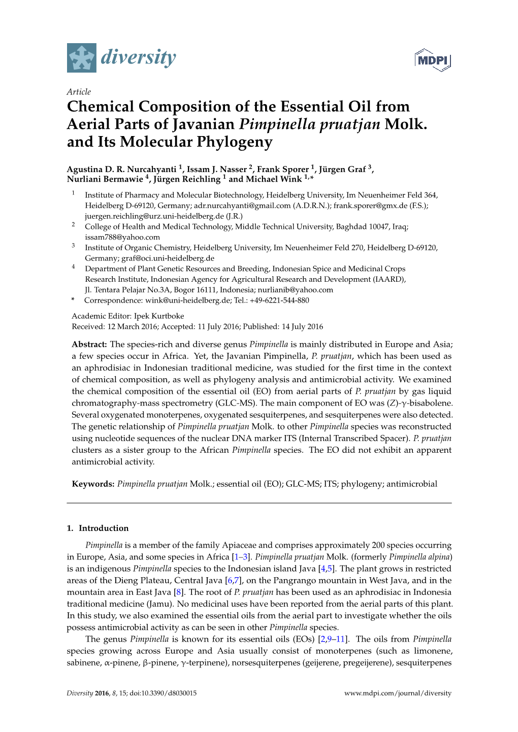 Chemical Composition of the Essential Oil from Aerial Parts of Javanian Pimpinella Pruatjan Molk. and Its Molecular Phylogeny