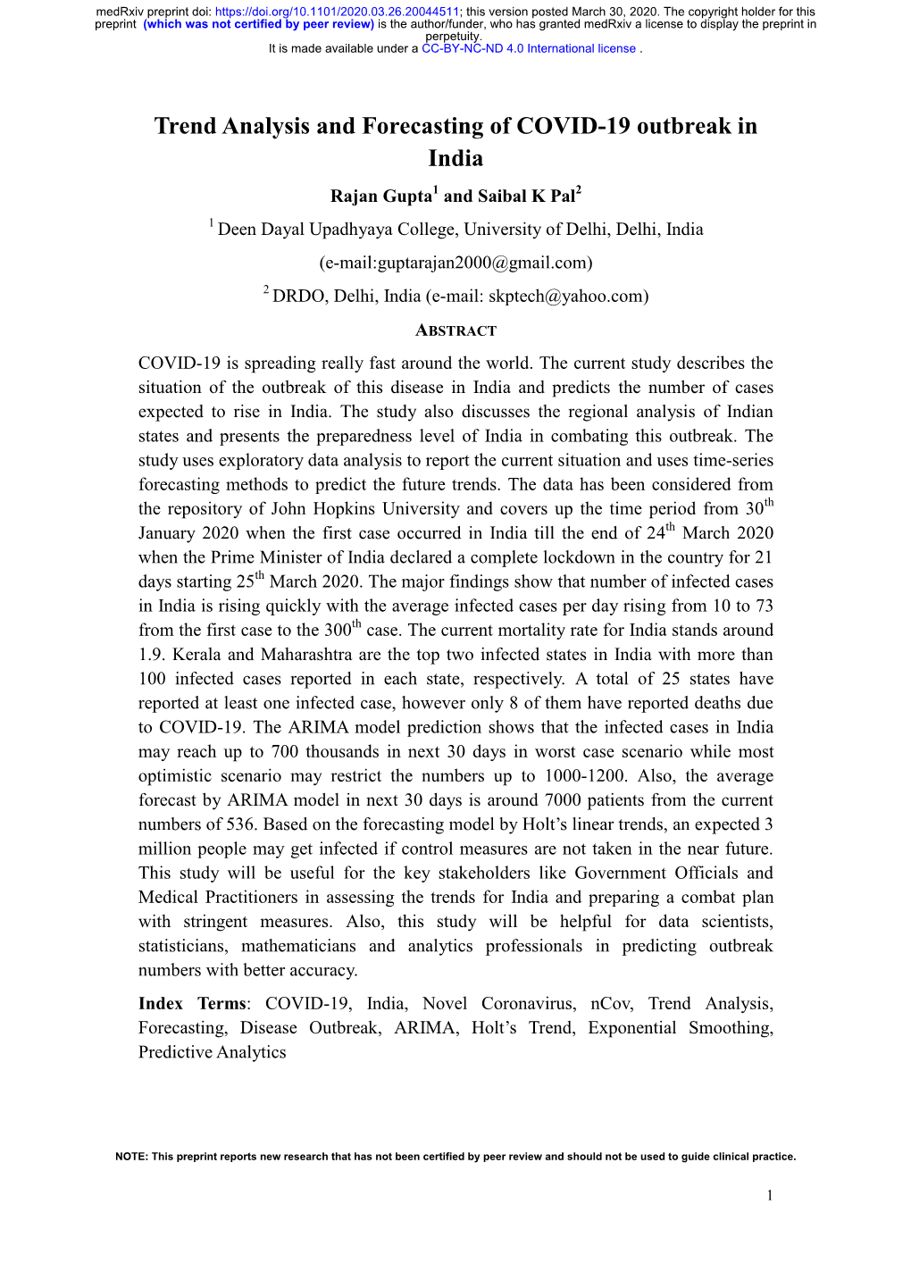 Trend Analysis and Forecasting of COVID-19 Outbreak in India