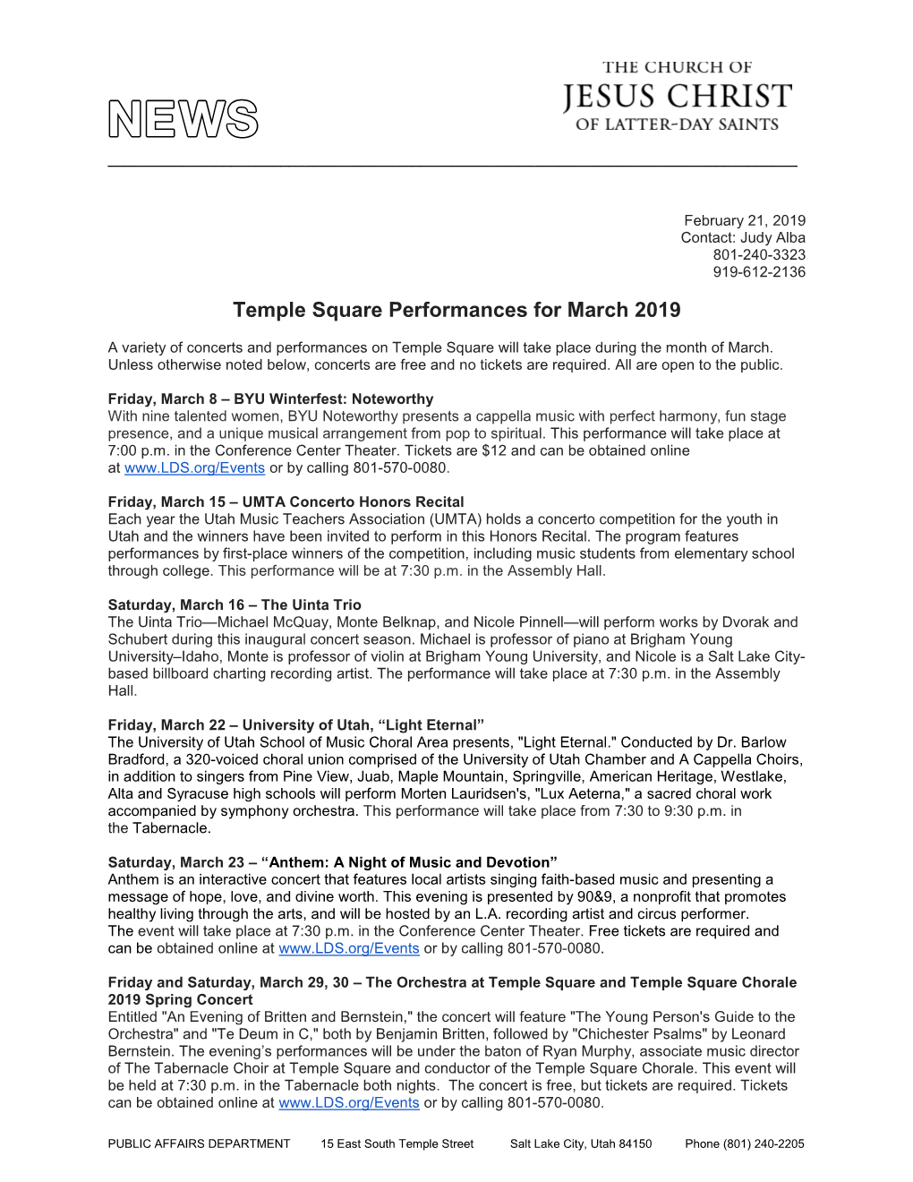 Temple Square Performances for March 2019