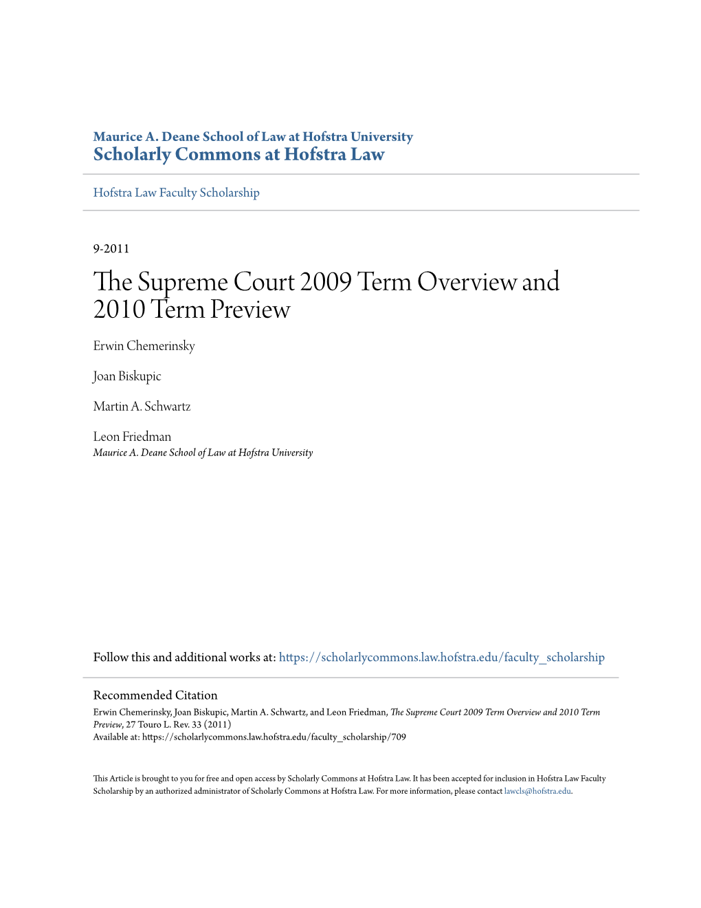 The Supreme Court 2009 Term Overview and 2010 Term Preview, 27 Touro L