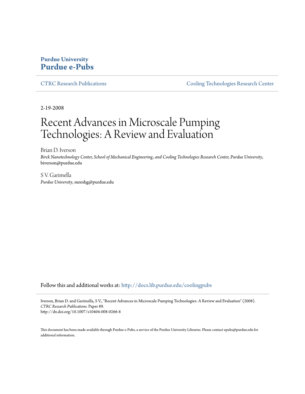 Recent Advances in Microscale Pumping Technologies: a Review and Evaluation Brian D