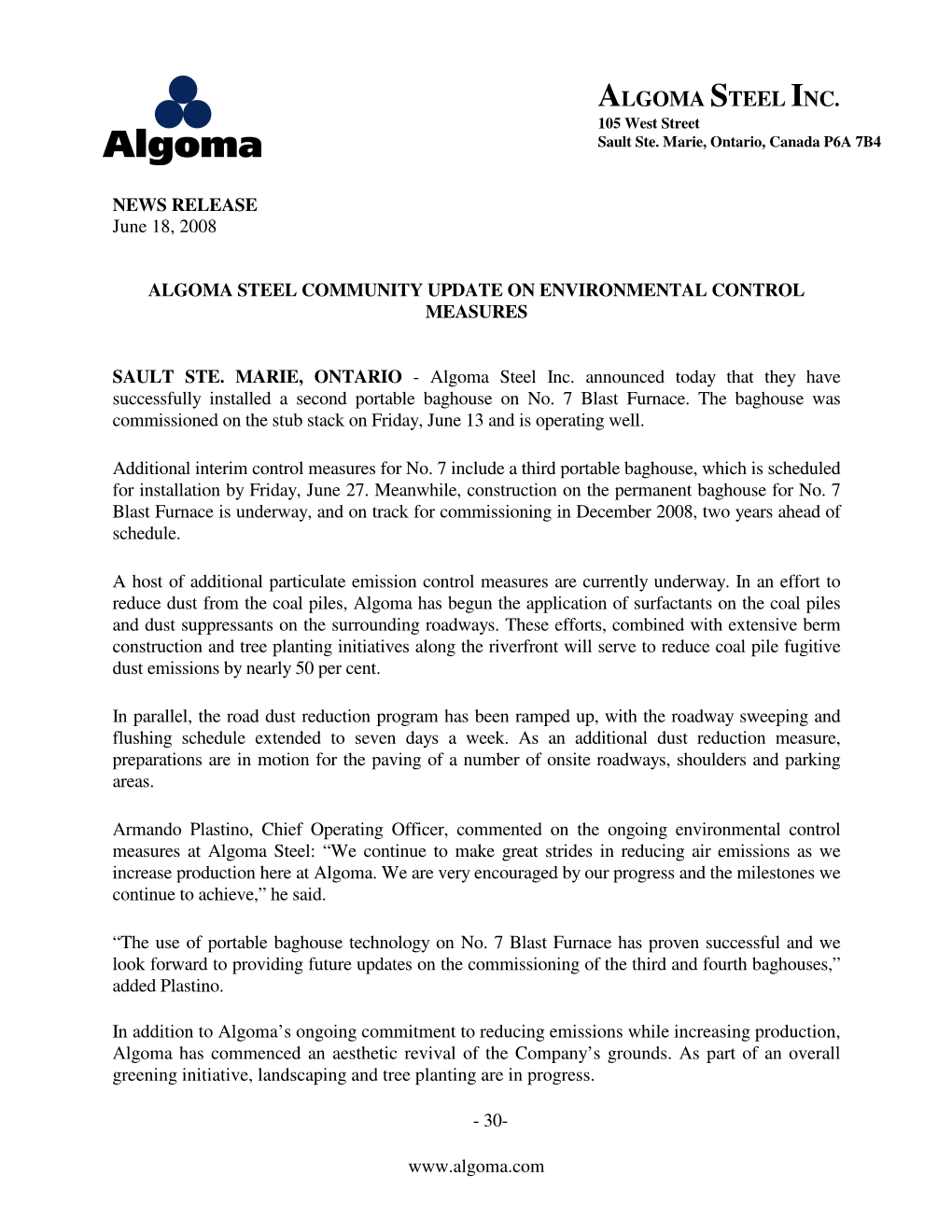 Algoma Steel Community Update on Environmental Control Measures