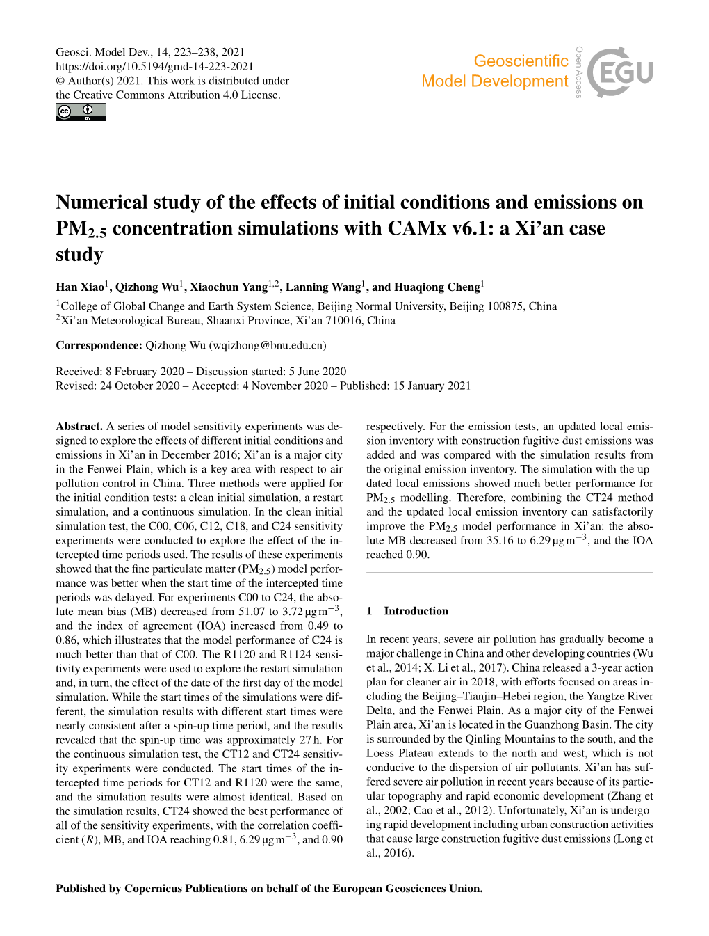 Numerical Study of the Effects of Initial Conditions and Emissions on PM2.5 Concentration Simulations with Camx V6.1: a Xi’An Case Study